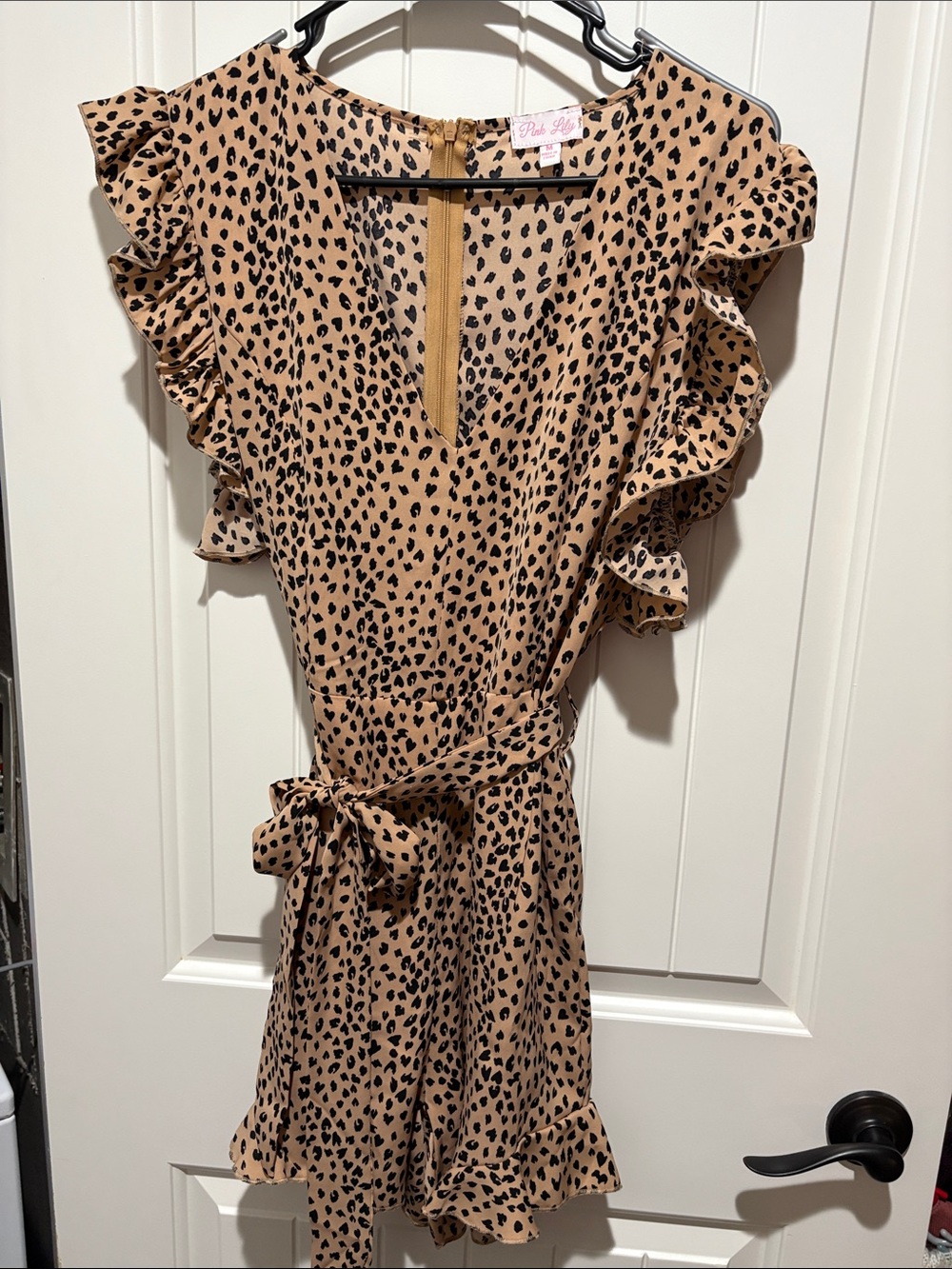Pink Lily Black Leopard Print Ruffle Wrap Mini Dress